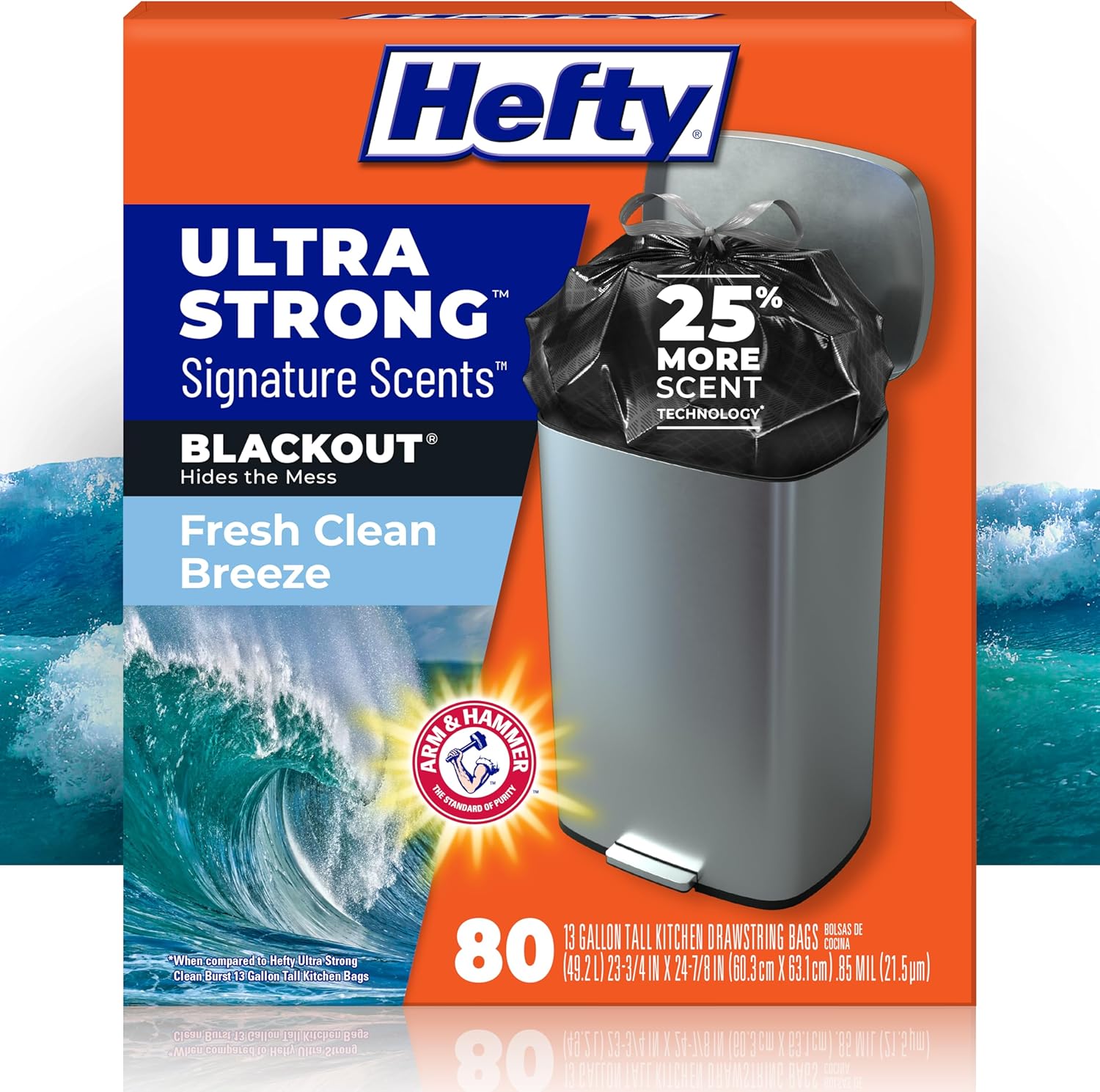 Ultra Strong Signature Scents 13G Trash Bags, Fresh Clean, 80ct | 13 Gallon Black Kitchen Trash Bags with 25% More