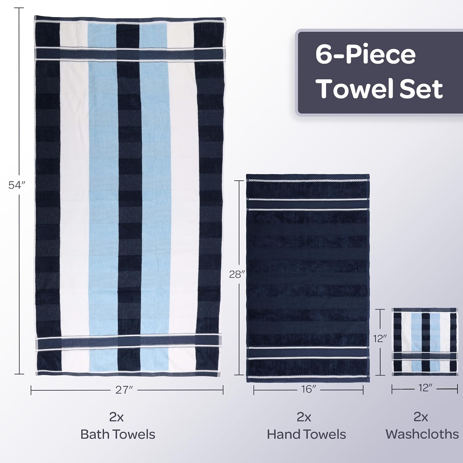 Bathroom Towels Set, Bathroom Accessories, Navy, Set of 6 | Includes 2 Bath Sheets, 2 Hand Towels, and 2 Wash Cloths