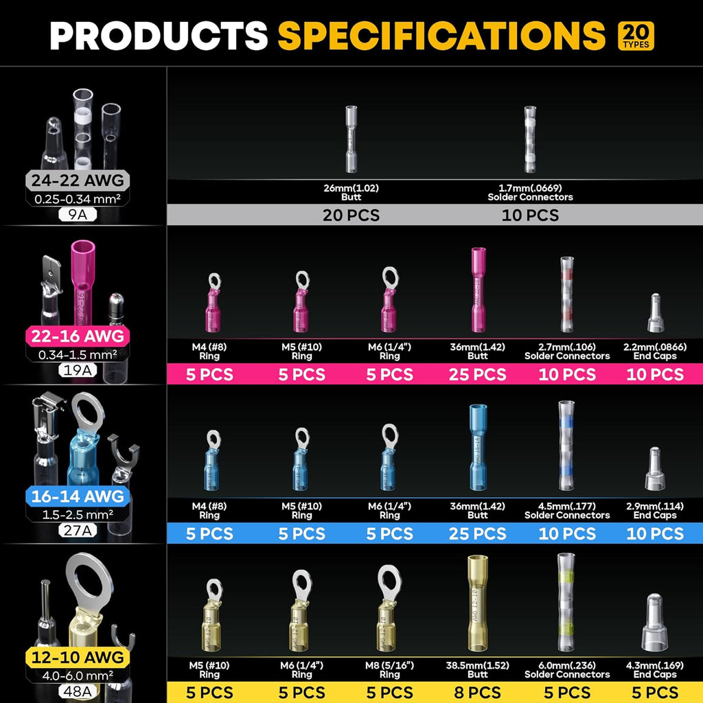 Crimping Tool Kit with Heat Shrink Connectors & Solder Seal Wire Connectors - 20 Types Marine Grade Electrical