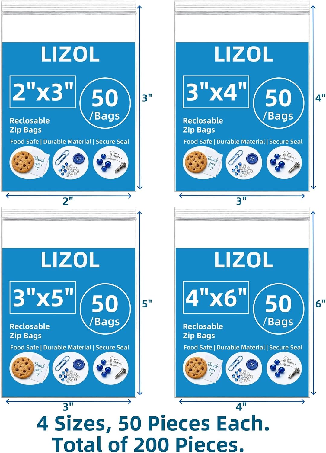 2x3 3x4 3x5 4x6 in (200 Count) Clear Reclosable Zip Plastic Poly Bags
