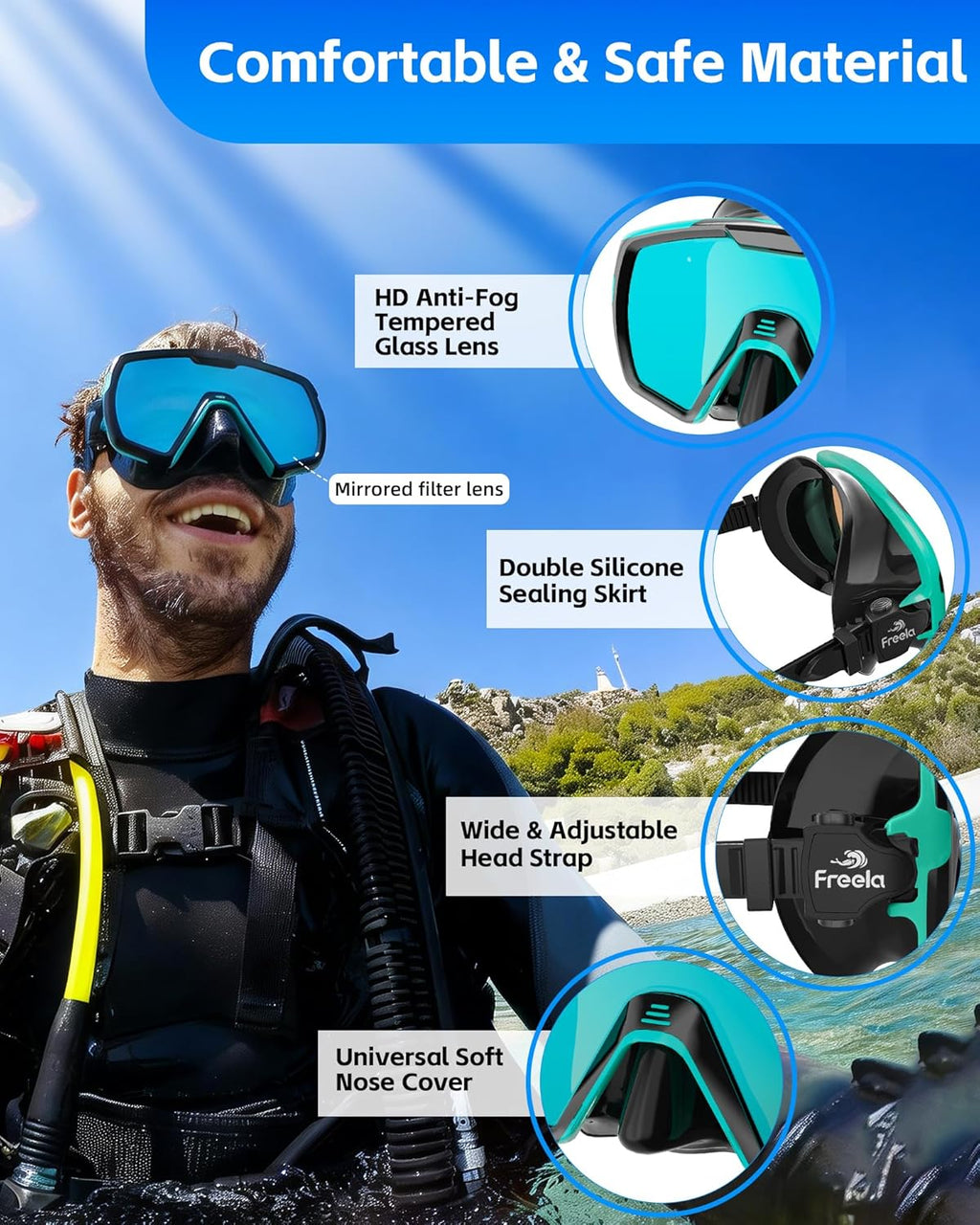 Adult Snorkel Diving Mask with Nose Cover, Tempered Glass Anti Fog Waterproof 180° Panoramic Wide View Scuba Free