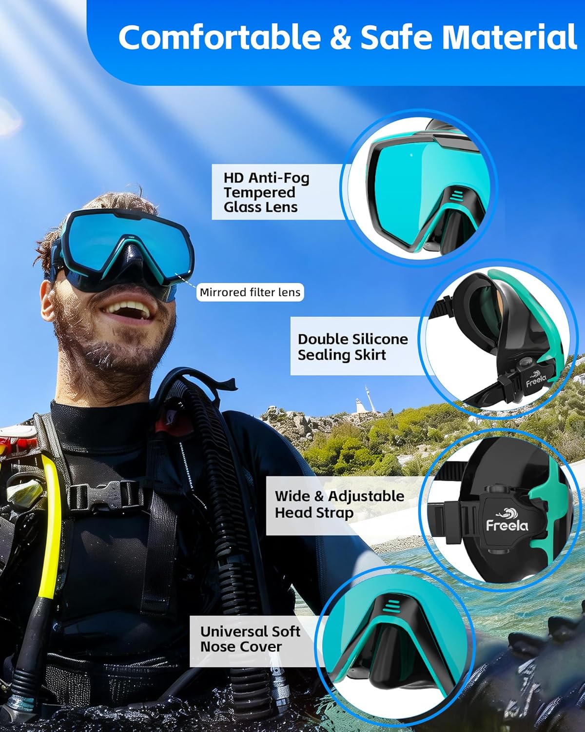 Adult Snorkel Diving Mask with Nose Cover, Tempered Glass Anti Fog Waterproof 180° Panoramic Wide View Scuba Free