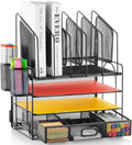Desk organizer with Drawer, 4-Tier Mesh File Organizer with 5 Vertical File Holders and 2 Pen Holders, Multifunction