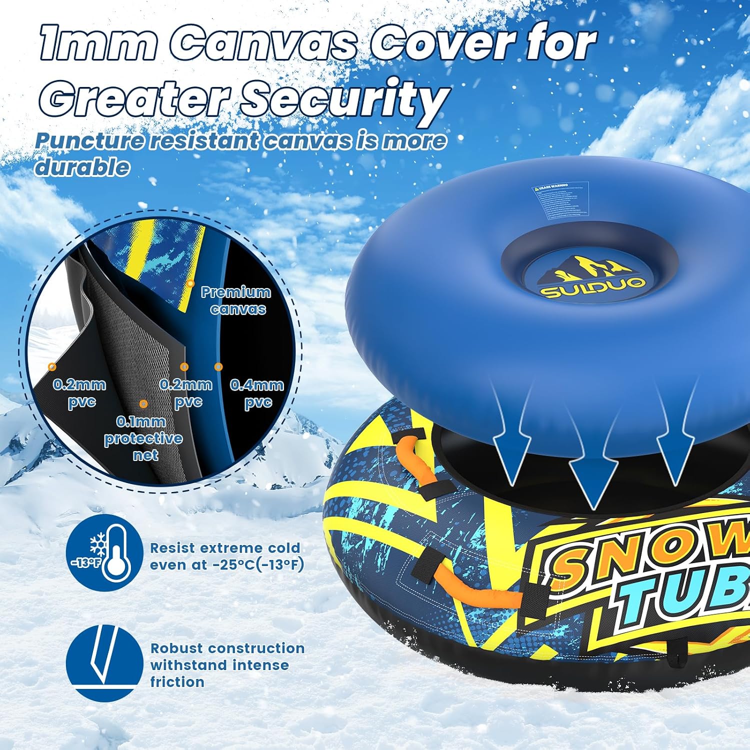 47'' Heavy Duty Snow Tube with Premium Canvas Cover and 4 Foam Filled Handles, Inflatable Snow Sled for Kids and