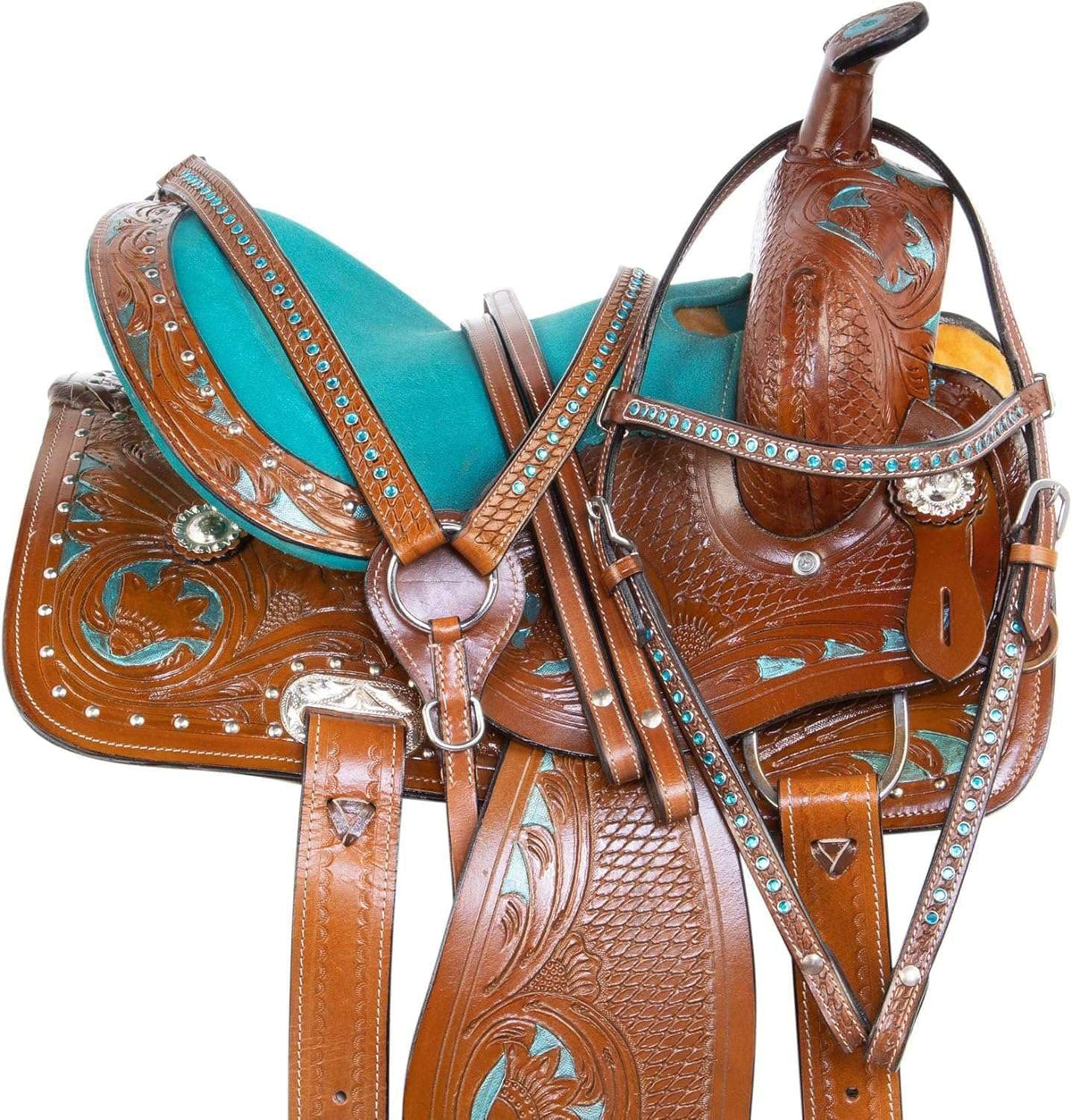 Western Leather Barrel Saddle Floral Embossed Tooled Trail Rodeo Horse Saddle with Matching Headstall, Reins and