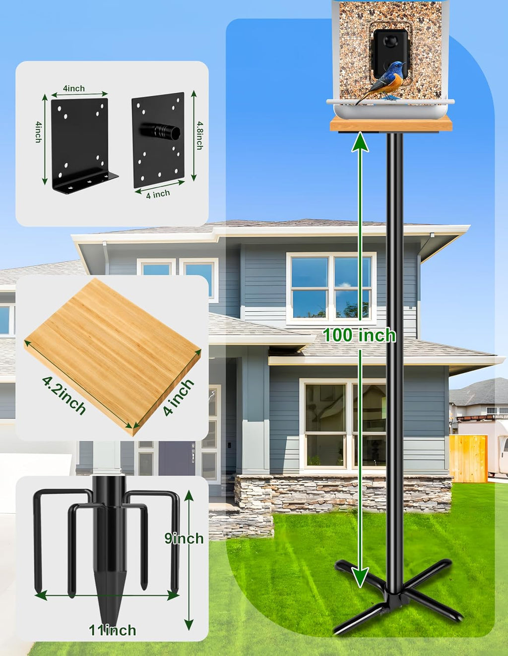 Bird House Pole, 1 Pack 109 Inch Metal Bird Feeder Pole for Outdoor, with 5-Prong Heavy Duty Base for Birdhouse