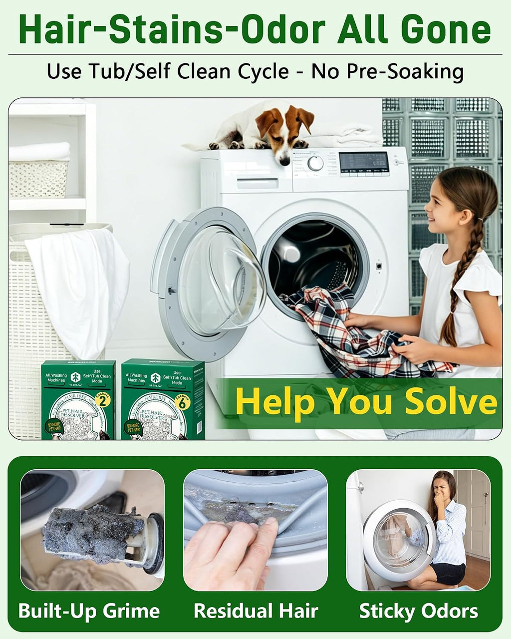 Pet Hair Dissolver for Washing Machine Cleaner-2 Sachets,96.7% Dissolution