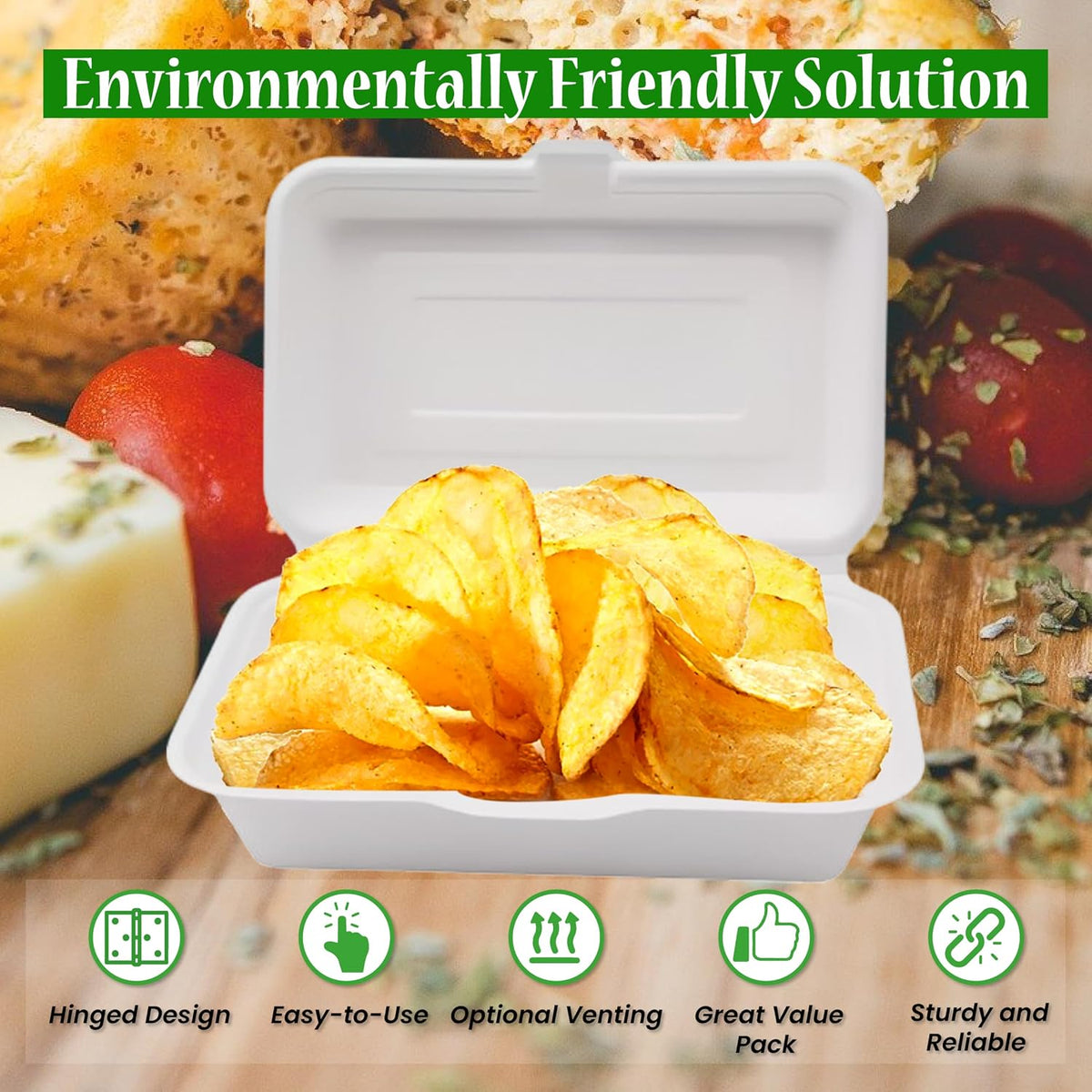 100% Compostable Single Compartment Take Out Food Containers 9x6". 25 Containers, Natural Disposable Bagasse