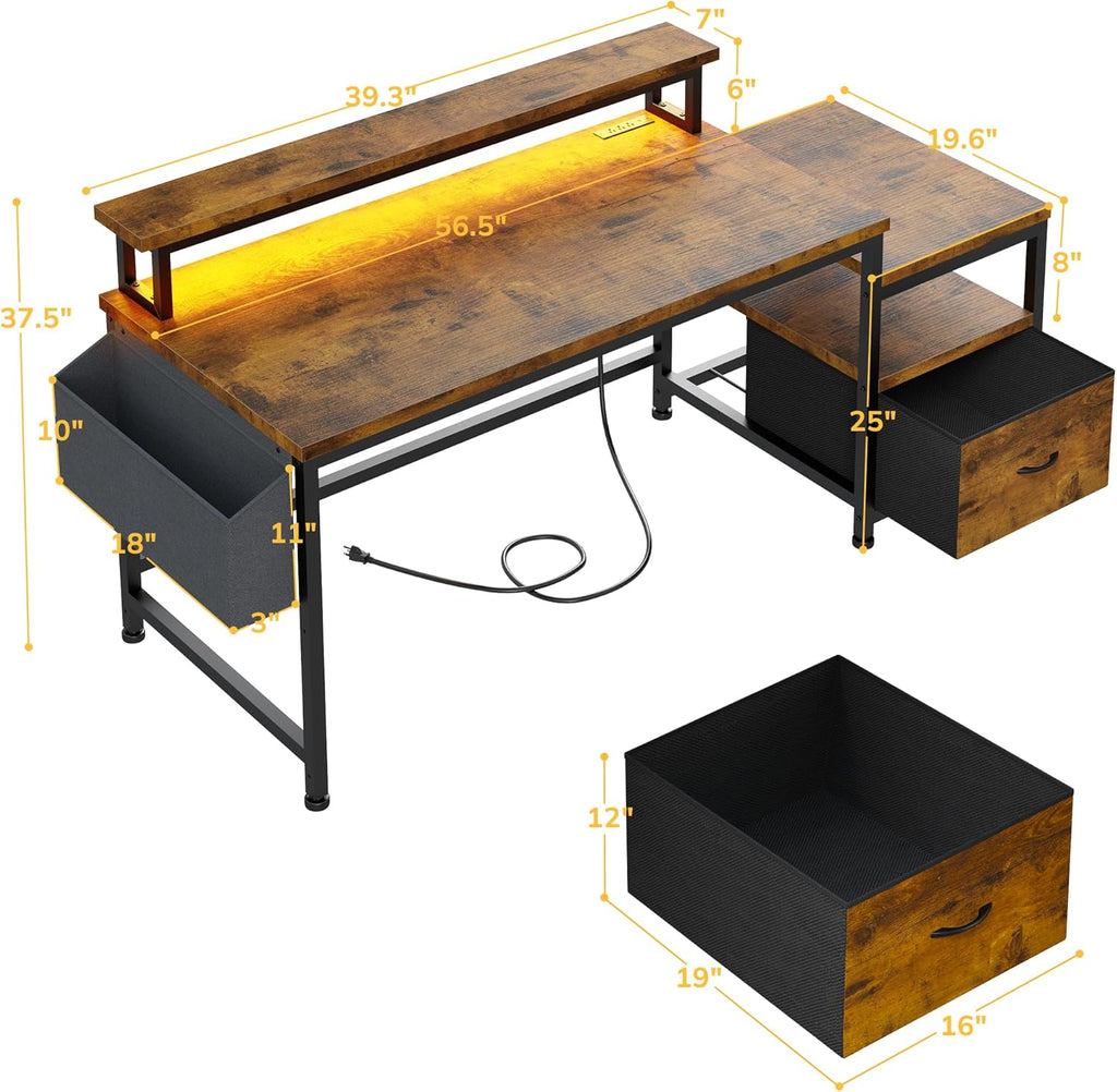 56.5" Office Desk with Drawers and Printer Space,Computer Desk with Power Outlets,Home Office Desks with File Drawers