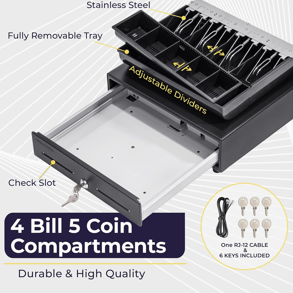 13" Cash Register Drawer for Point of Sale (POS) System with Fully Removable 2 Tier Cash Tray, 4 Bill/5 Coin, 12-24V