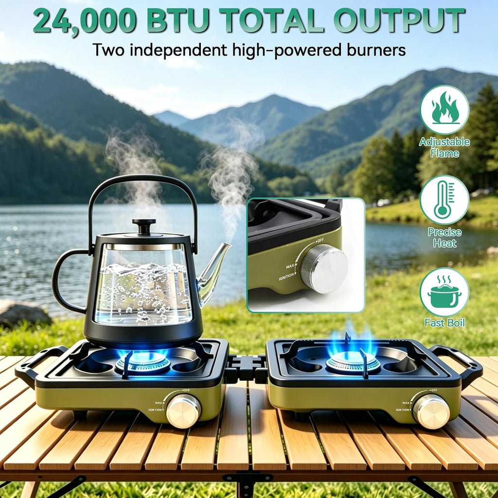 2 Burner Portable Camp Stove, 24000 BTU Propane Camping Stove with Windshield, Folding Gas Stove with Carry Bag