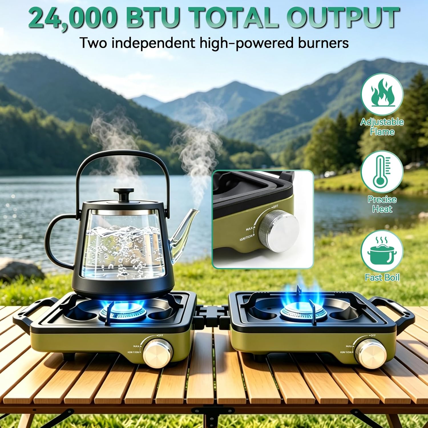 2 Burner Portable Camp Stove, 24000 BTU Propane Camping Stove with Windshield, Folding Gas Stove with Carry Bag
