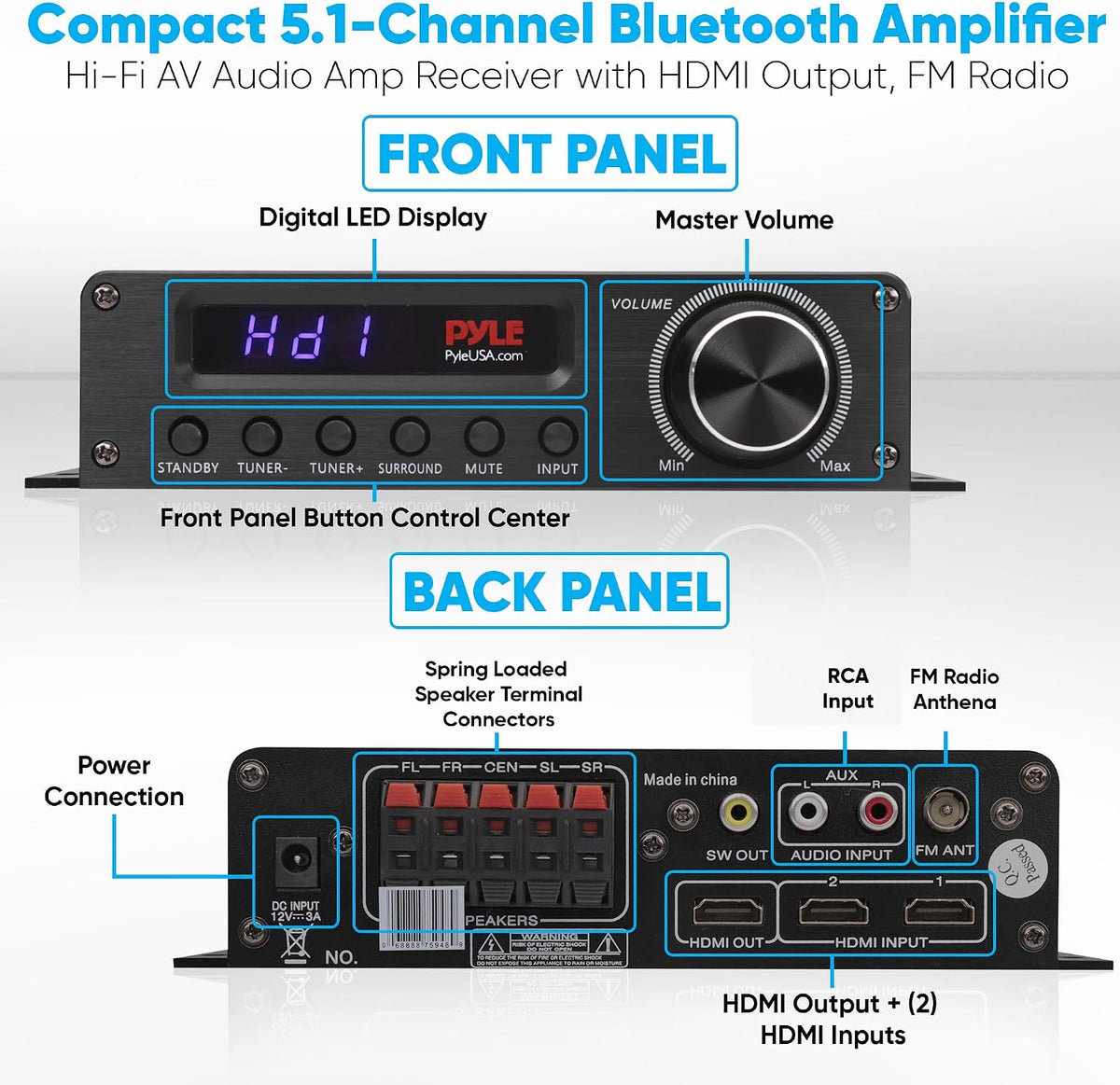 Pyle Wireless Bluetooth Home Audio Amplifier - 100W 5.1 Channel Home Theater Receiver, Surround Sound w/ HI Def In