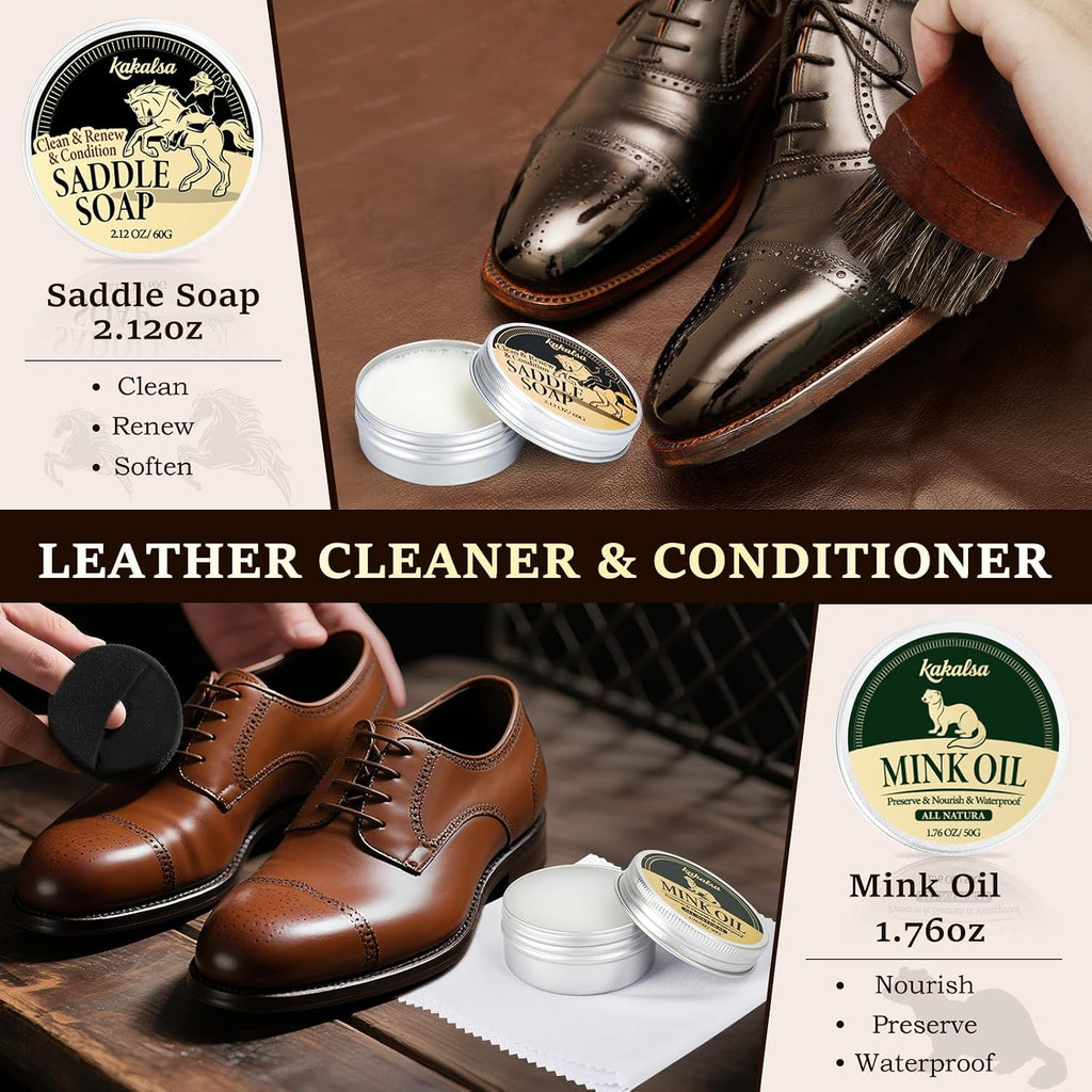 Shoe Shine Kit, Mens Gifts Ideas - 15PCS Shoe Polish Kit with Saddle Soap, Mink Oil, 3 Shoe Polishes, 3 Shoe Brushes