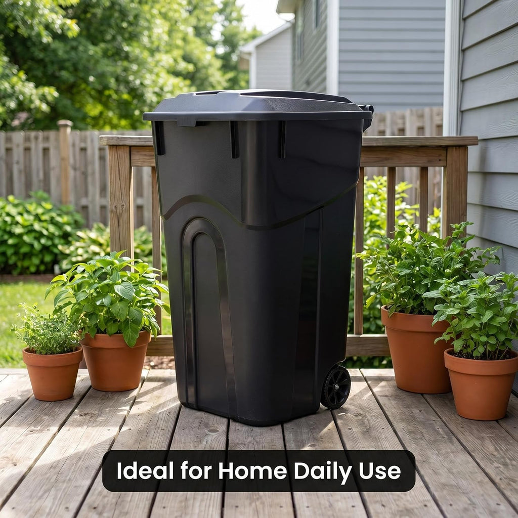 32-Gallon Wheeled Outdoor Trash Can - Heavy-Duty Black Garbage Bin with Secure Lid and Pull Handle for Yard, Patio