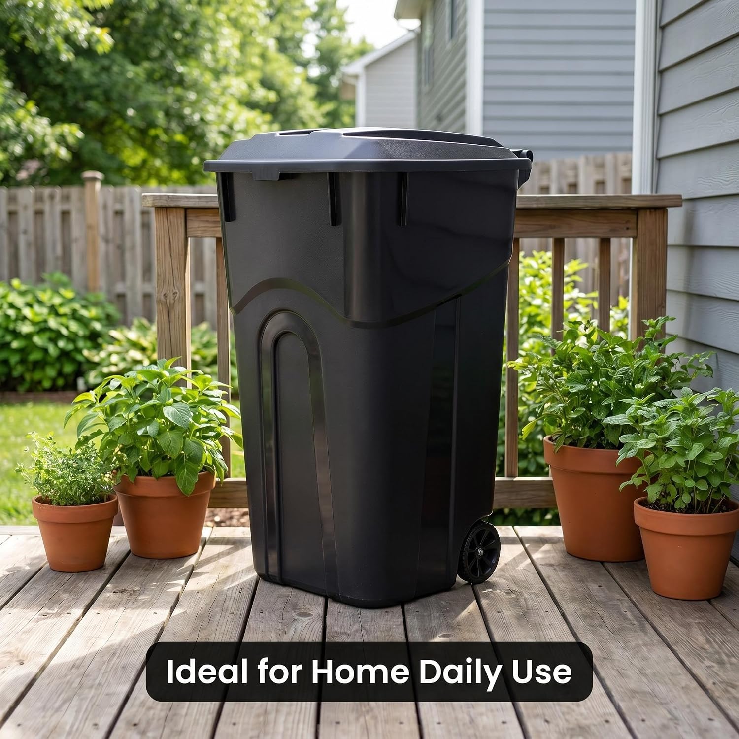 32-Gallon Wheeled Outdoor Trash Can - Heavy-Duty Black Garbage Bin with Secure Lid and Pull Handle for Yard, Patio