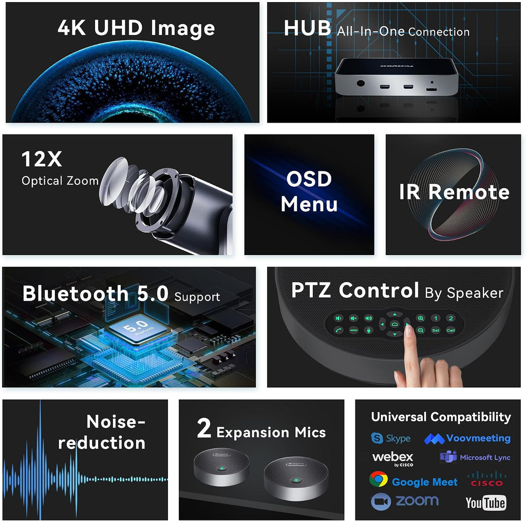 4K PTZ Conference Room Camera System, AI Auto-Tracking 12X Optical Zoom USB3.0 HDMI PTZ Camera and Bluetooth