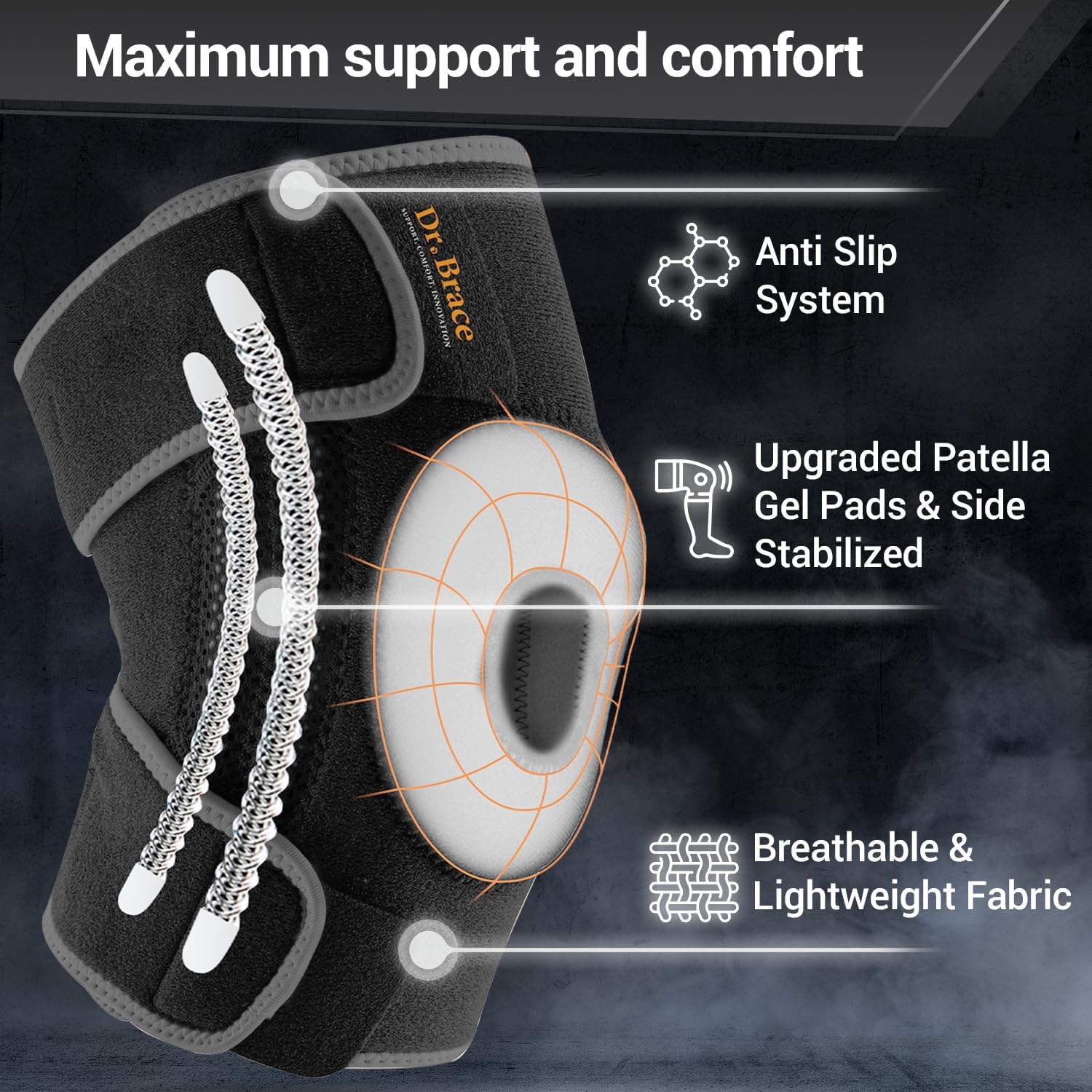 ELITE Knee Brace with Side Stabilizers & Patella Gel Pads for Maximum Knee Pain Support and fast recovery for men and