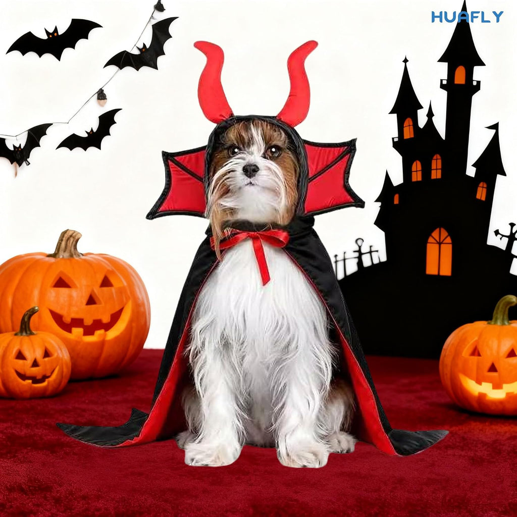 Cat Costume,Dog Halloween Costumes, Adjustable Vampire Costume with Devil Horns, Comfortable Halloween Costumes for