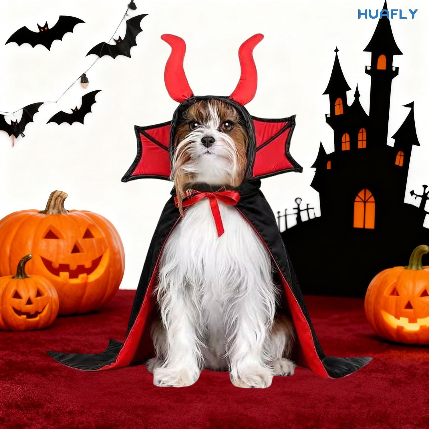 Cat Costume,Dog Halloween Costumes, Adjustable Vampire Costume with Devil Horns, Comfortable Halloween Costumes for