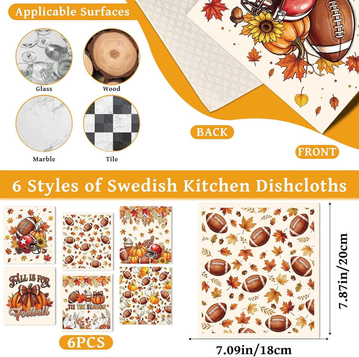 Fall Swedish Dishcloths, 6 PCS Football Pumpkin Kitchen Dish Cloth