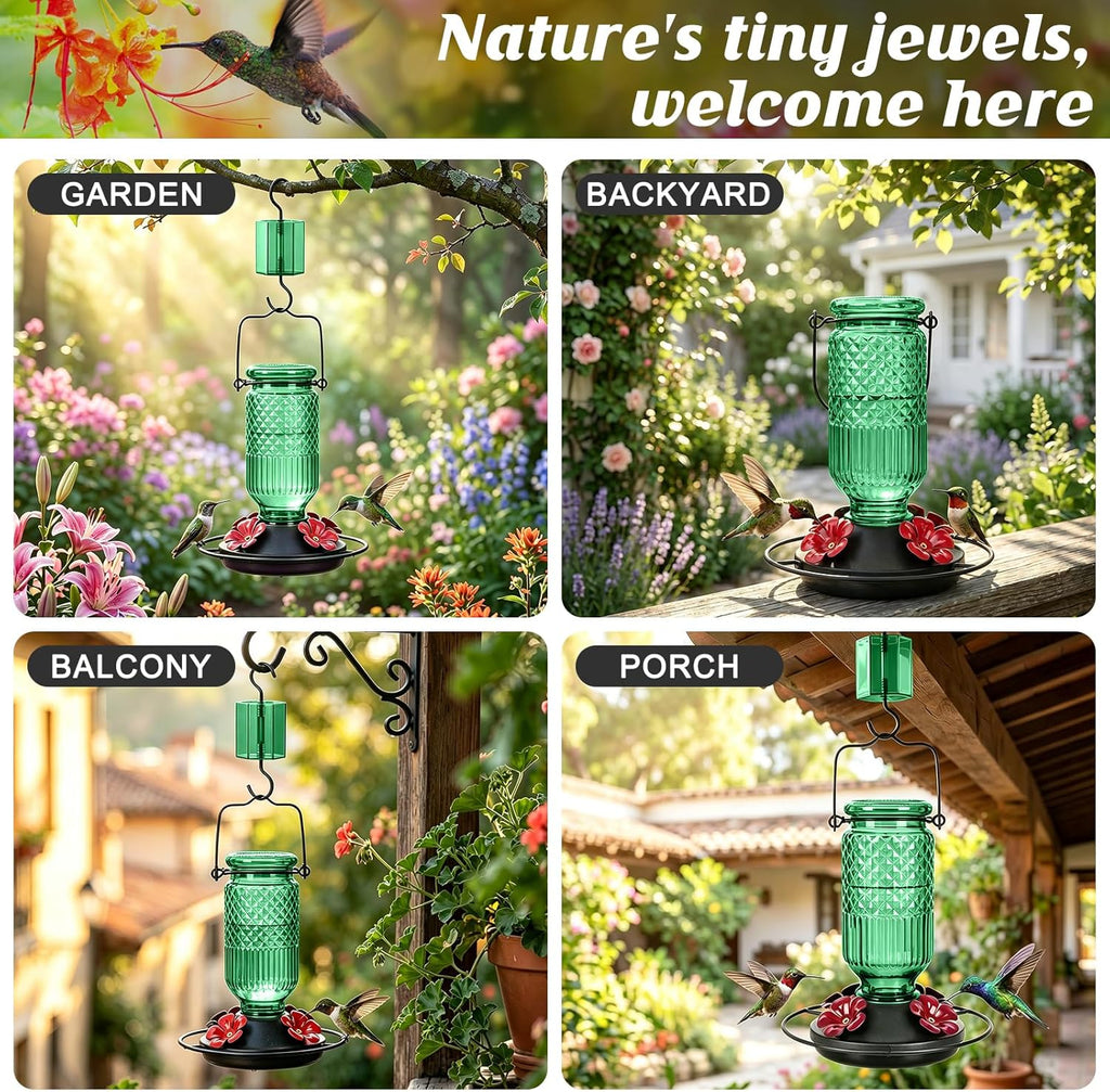 Glass Hummingbird Feeder 2 Pack, 16oz Leak-Proof with Ant Moat & Bee Guards, Easy Clean Wide Mouth, Metal Perches