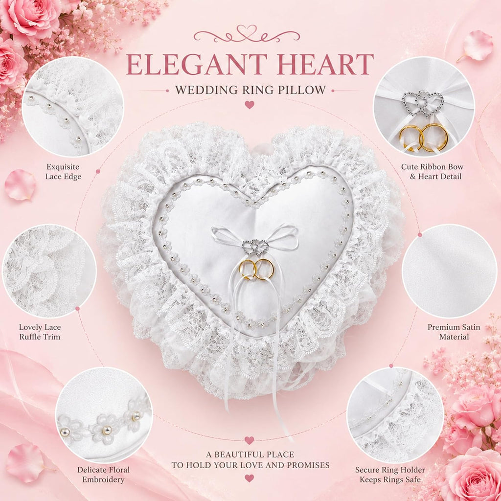 Heart-Shaped Wedding Ring Bearer Pillow, with Fake Rings for Wedding Ceremony White Satin with Lace Trim and Ribbon Bow