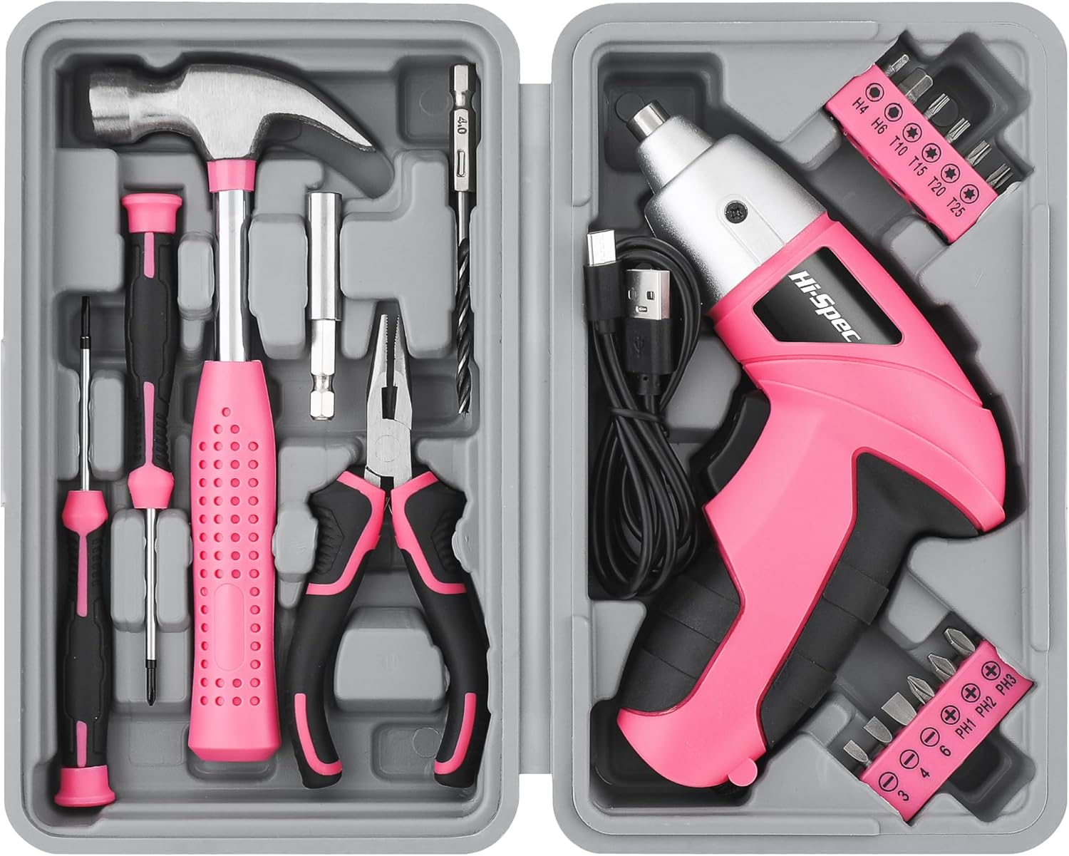 Cordless Electric Screwdriver, Power Screw Driver Set with Pink Compact Tool Kit for Small Repair and Maintenance