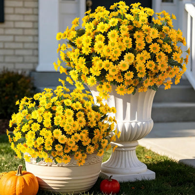 12 Bundles Fake Mums Fall Artificial Flowers for Outdoor Decoration