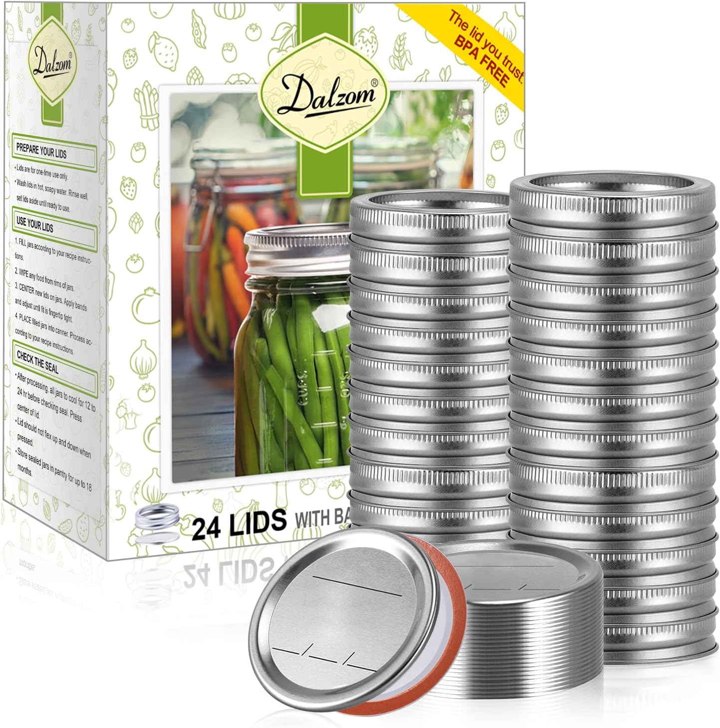 24Pcs Canning Lids with 24Pcs Rings Regular Mouth, Premium Mason Jar Lids with Bands/Rings for Ball, Kerr Jars - Food