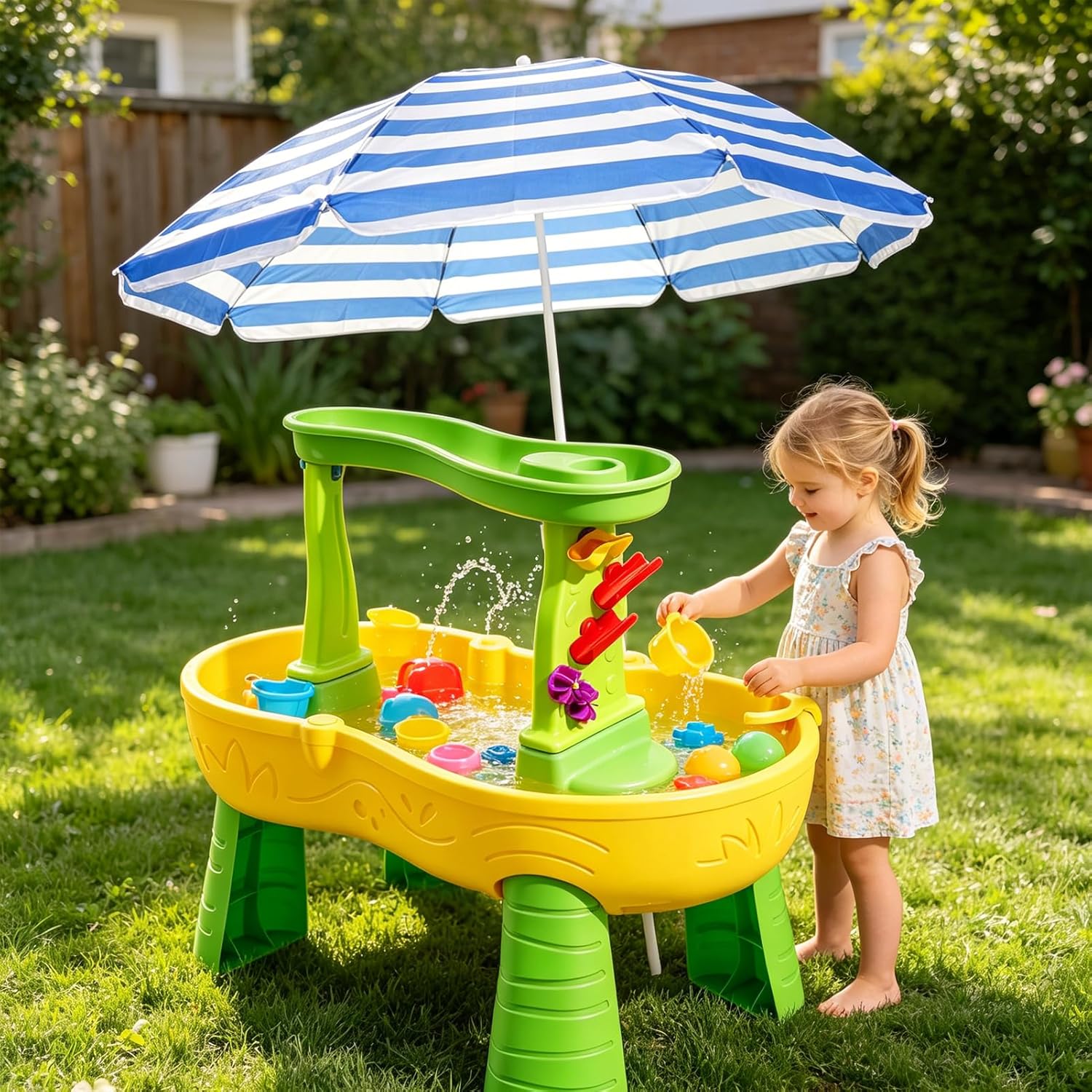 Water Table Umbrella Beach Umbrella & Picnic Table Shade for Kids, Blue White Striped Sandbox Parasol, Adjustable