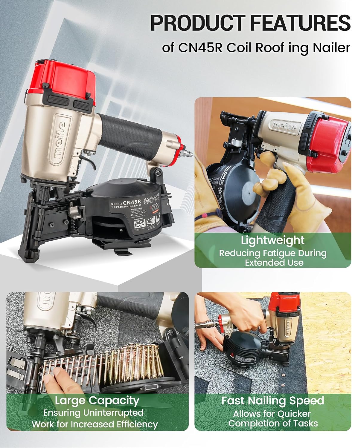 CN45R Roofing Nailer Pneumatic 15 Degree Coil Nail Gun 7/8" to 1-3/4"
