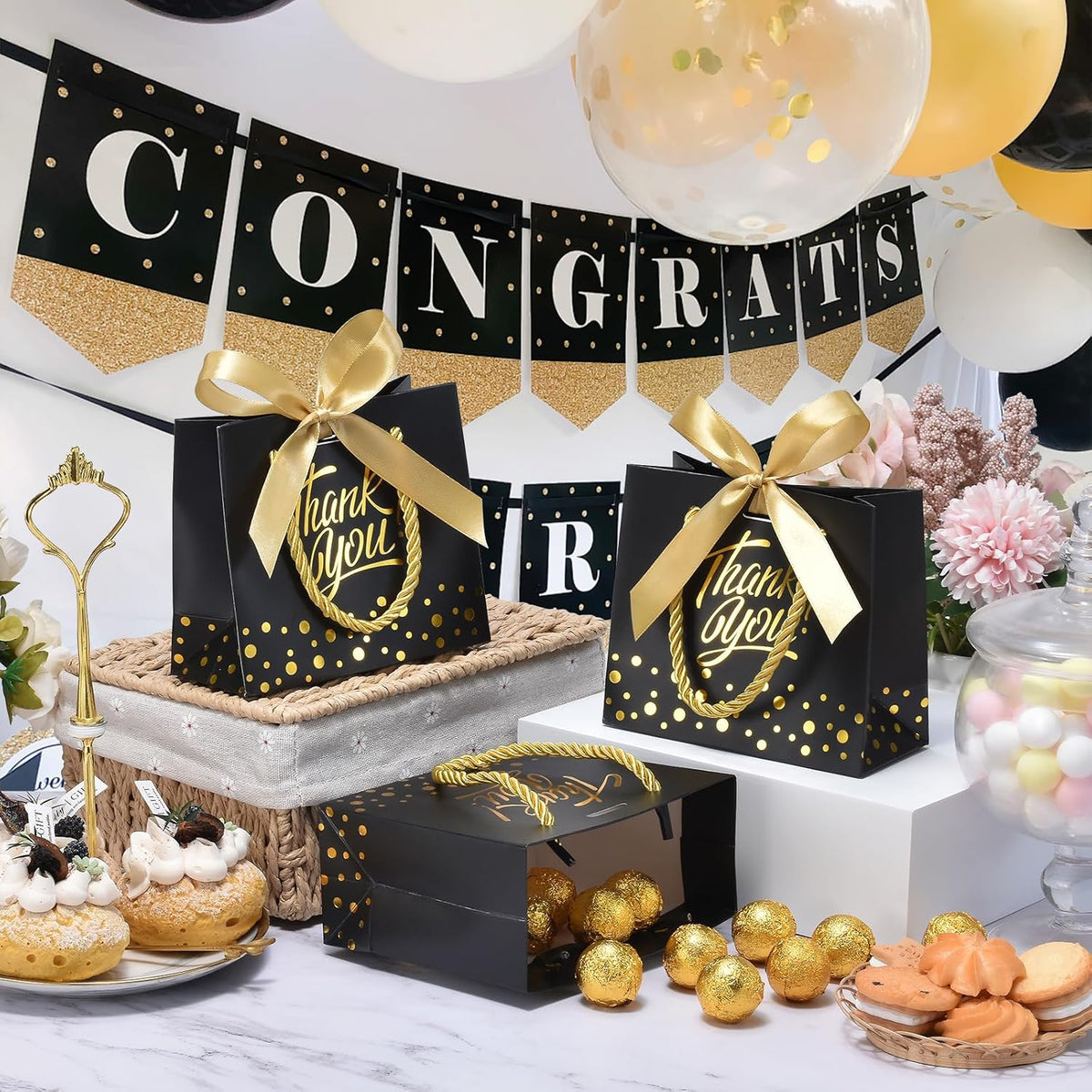 50Pcs Small Thank You Gift Bags with Handles & Bows, Black/Gold