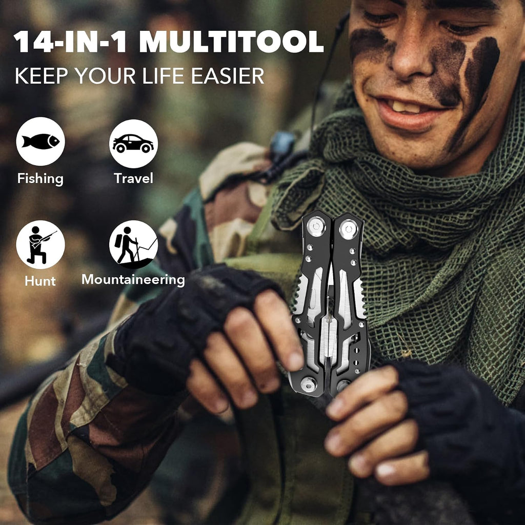 14-In-1 Multitool with Safety Locking, Professional Stainless Steel Multitool Pliers Pocket Knife, Bottle Opener