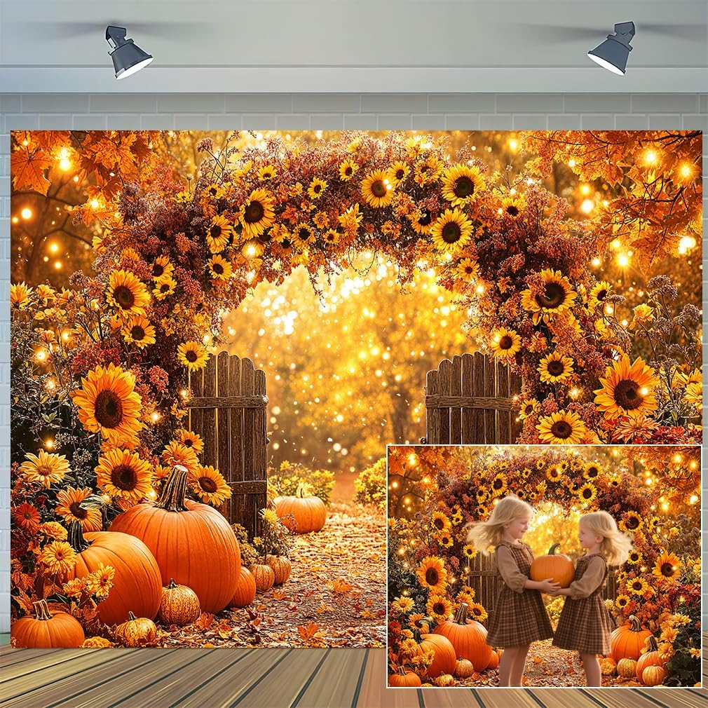 7 x 5 ft Fall Backdrop Autumn Sunflower Arch Forest Leaves Pumpkins Scenery Rustic Trail Harvest Photography