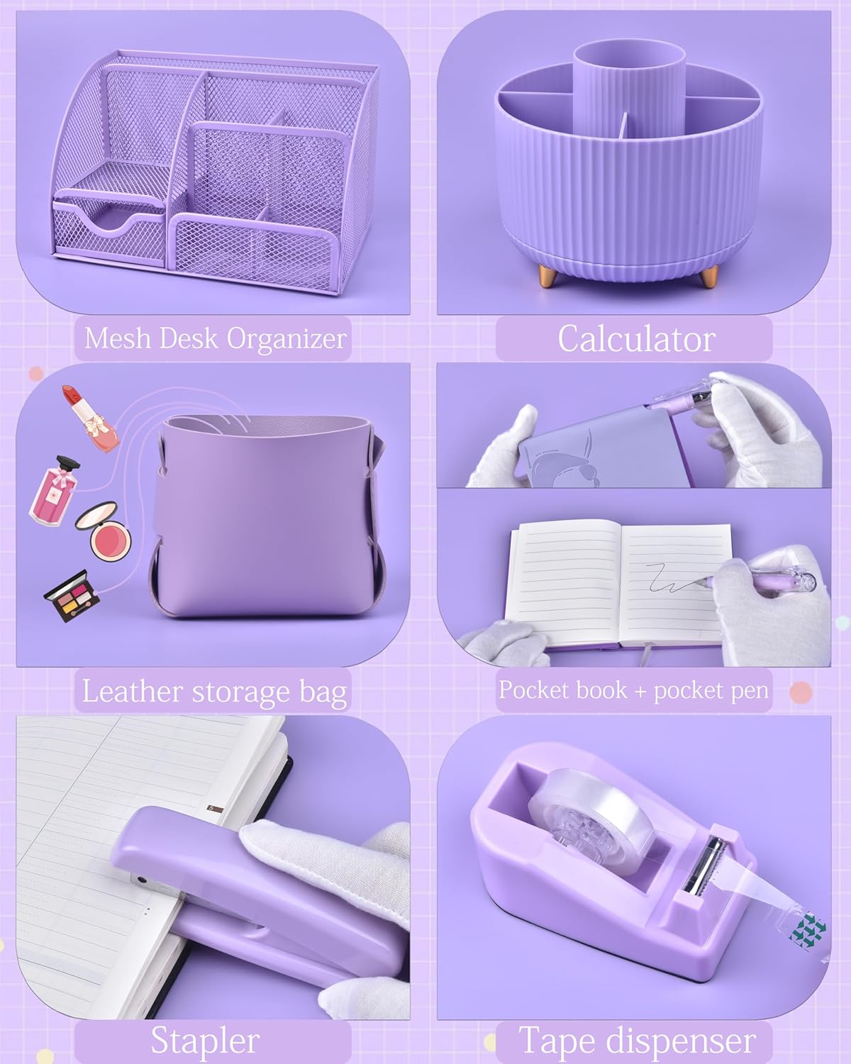 Purple Desk Accessories and Organizers with Desk Organizer and 360°Rotating Pen Holder stapler Pen and a Lot of