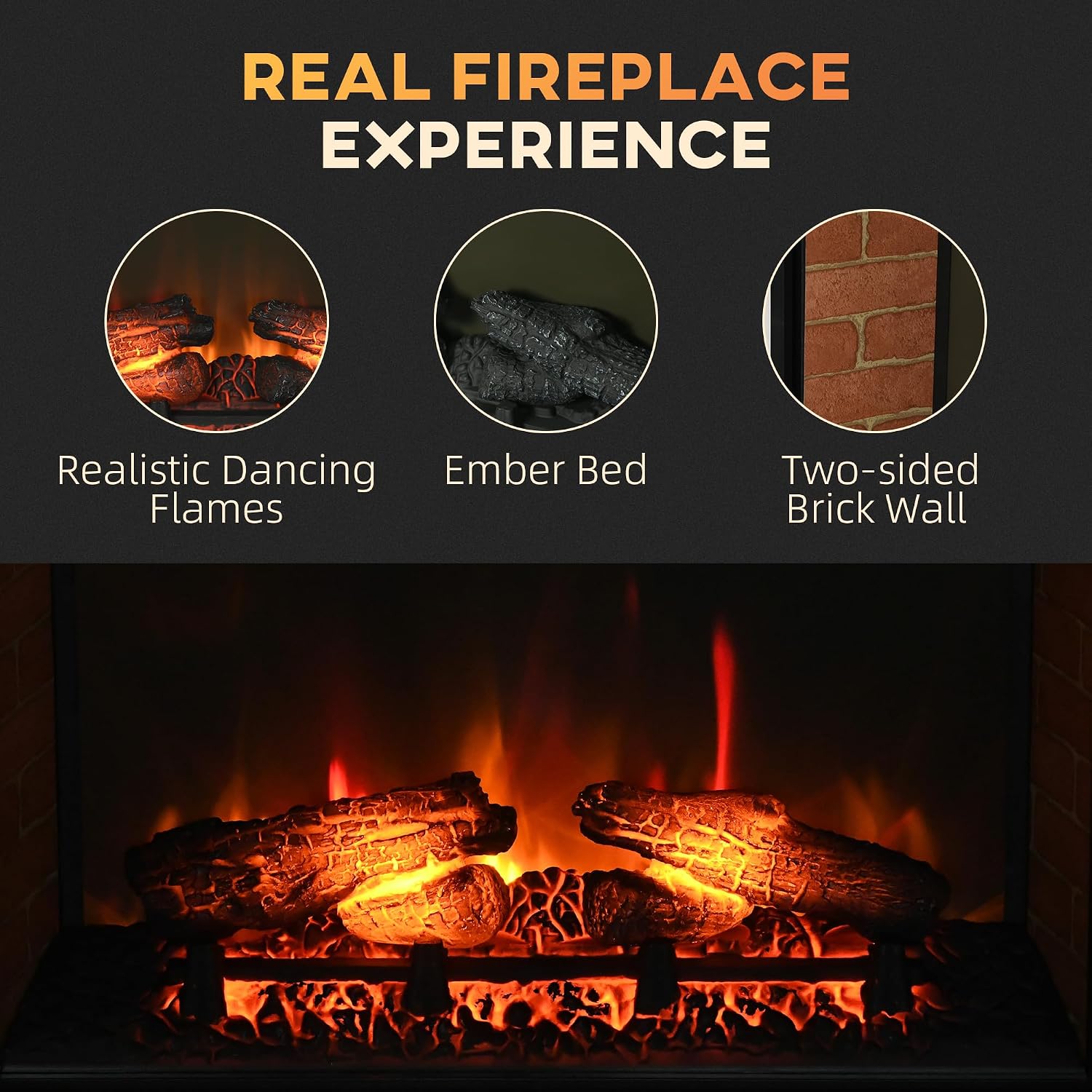 27" Electric Fireplace Insert Retro Fireplace Heater 1400W Black | Recessed, Realistic Log Flame, Remote Control