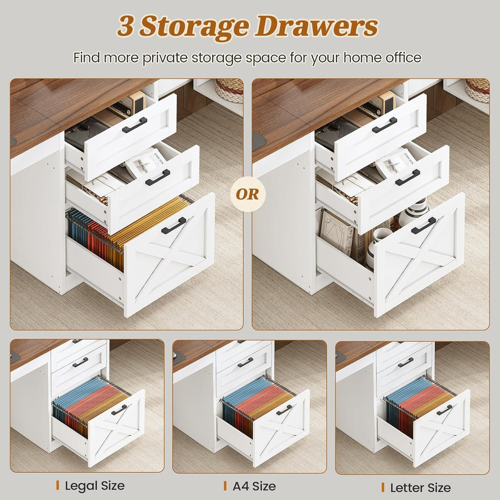 Farmhouse 96.5" Computer Desk with Drawers, 2 Person Home Office Desk, Gaming Double Desk with Storage Shelves, Long