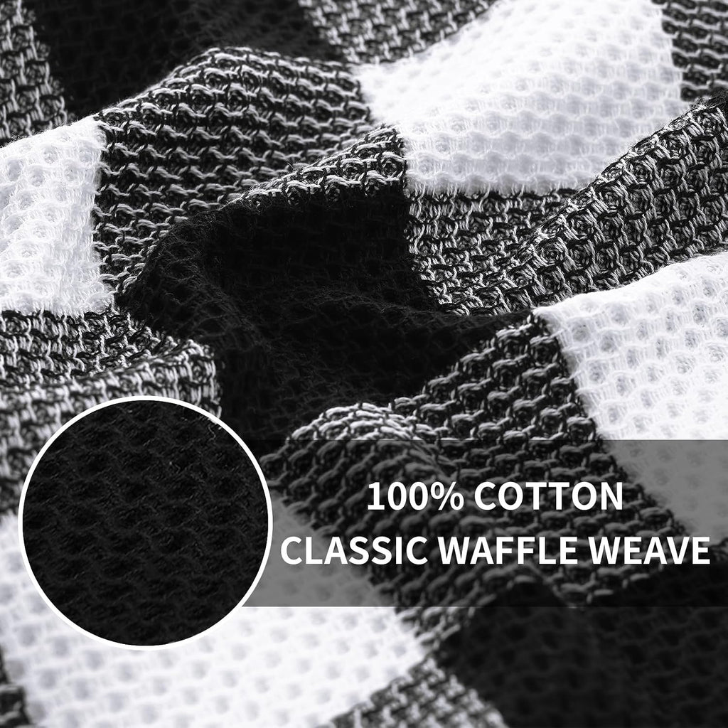 Kitchen Towels and Dishcloths Set, Set of 8, White & Black | Bulk Cotton Waffle Weave Check Plaid Kitchen Towels