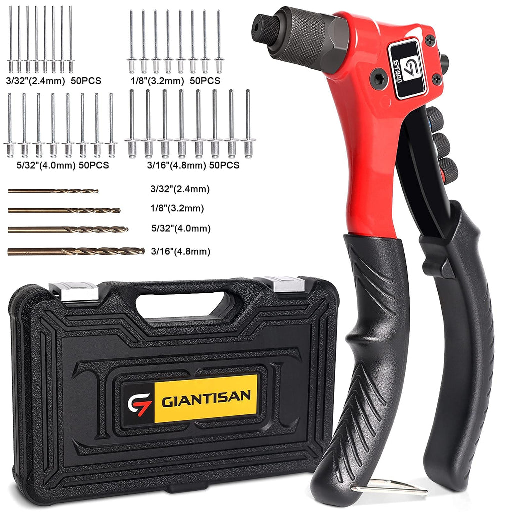 Rivet Gun Kit with 200 Pop Rivets, 4 Drill Bits and a case