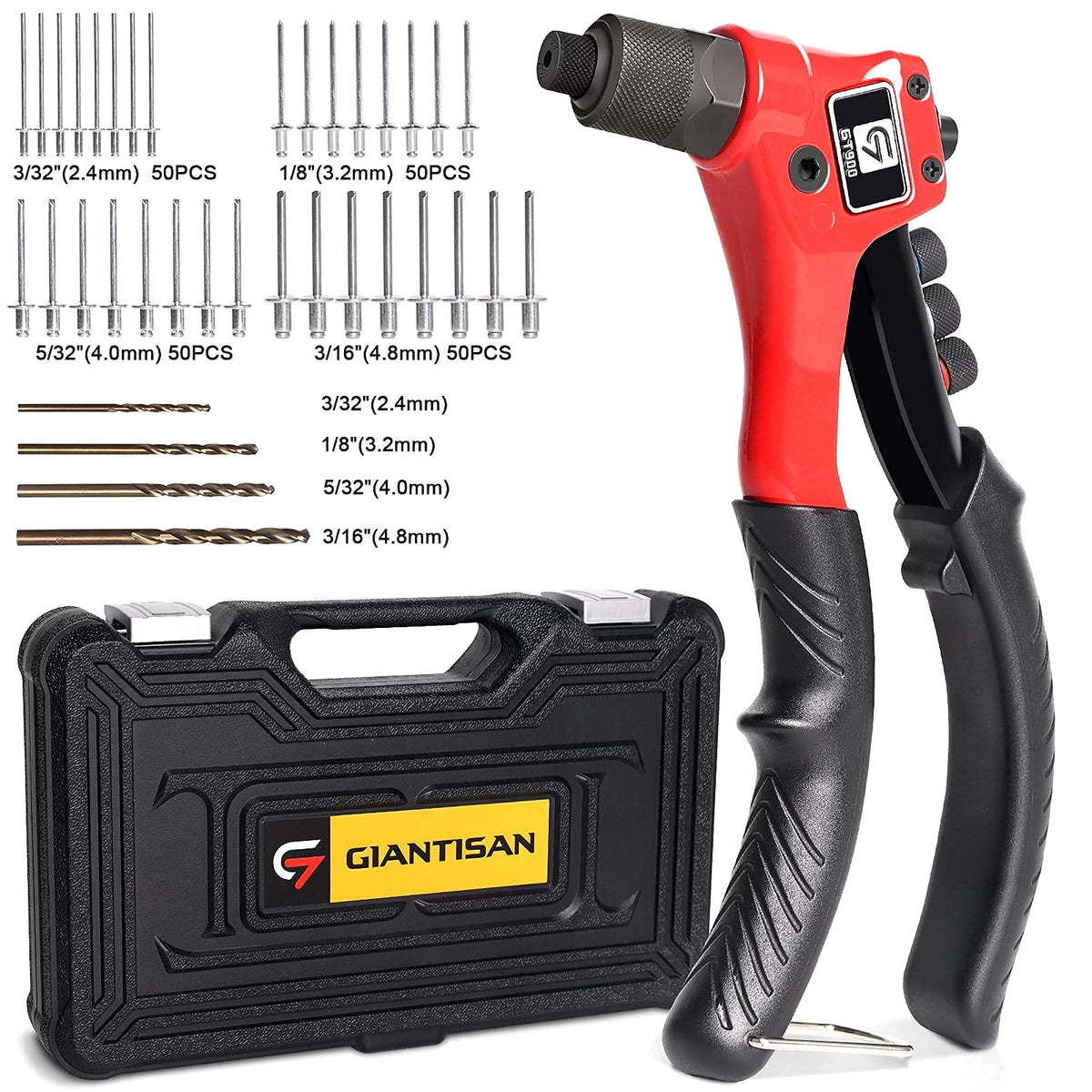 Rivet Gun Kit with 200 Pop Rivets, 4 Drill Bits and a case