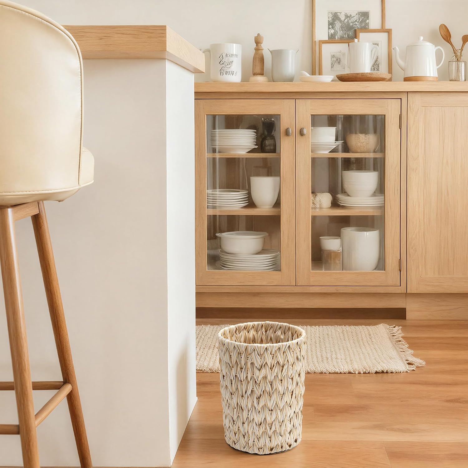 Small Wicker Trash Can, Trash Basket for Decor, Butter Milk | 2 Gallon Bathroom Waste Basket, Small Plastic Bathroom
