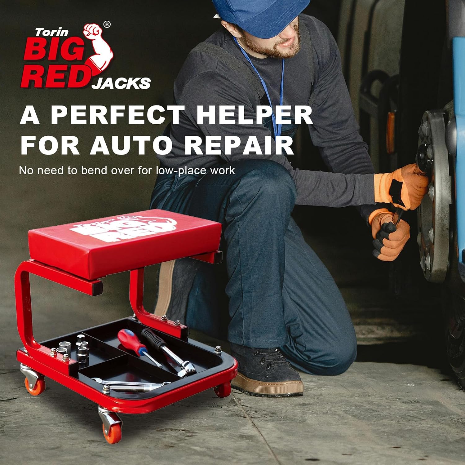 Torin TR6300 Red Rolling Creeper Garage/Shop Seat: Padded Mechanic Stool with Tool Tray Large