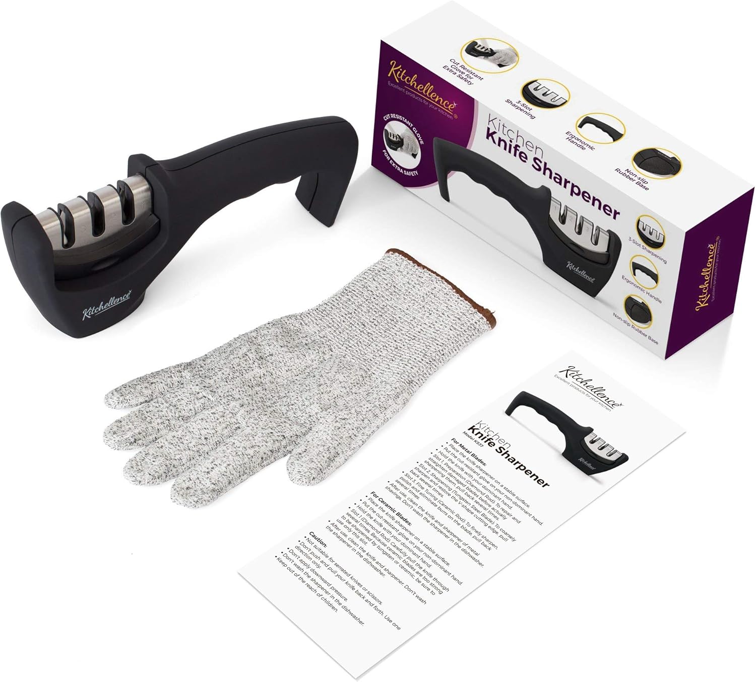 4-in-1 Kitchen Knife Accessories: 3-Stage Knife Sharpener Helps Repair, Restore, Polish Blades and Cut-Resistant