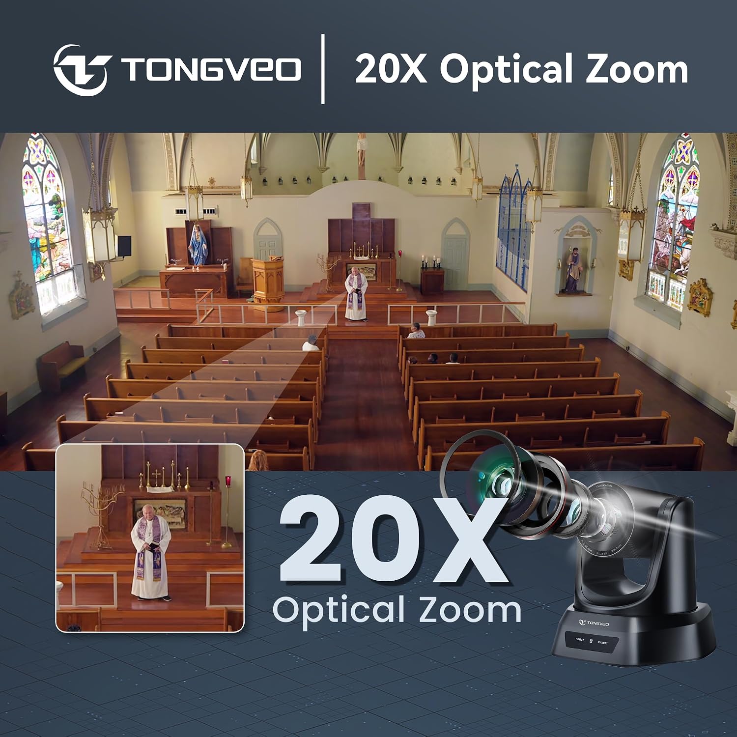 Conference Room PTZ Camera System with 20X Optical Zoom, AI Auto Tracking 1080P 60fps HDMI USB Webcam for Church