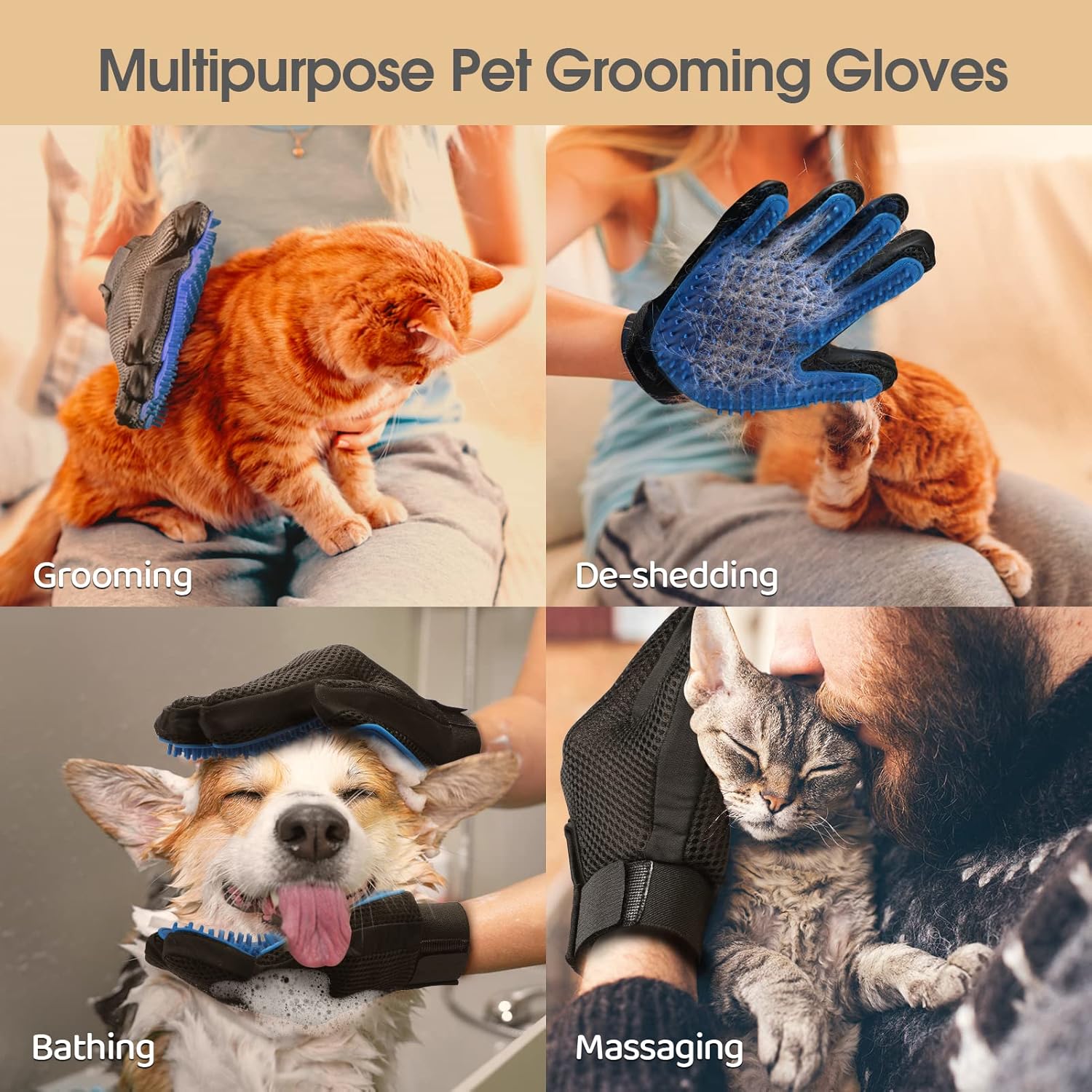 Upgrade Efficient Pet Hair Remover Gloves - Gentle Shedding Brushes for Dogs, Cats & Horses with Long and Short Hair