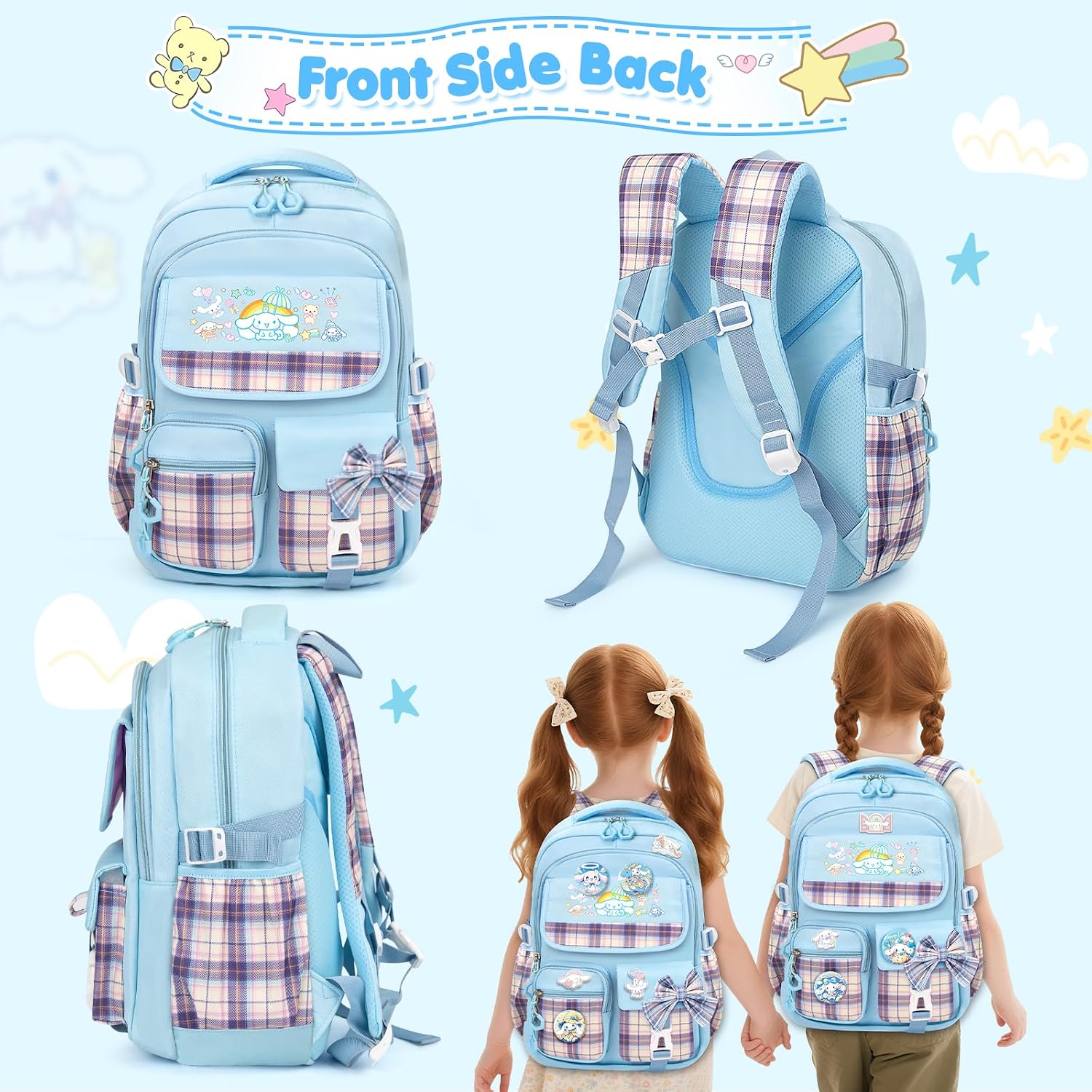 16.5/19IN School Backpack for Girls with 24Pcs Accessories, Anti-Theft Kids Backpack for Students, New Semester