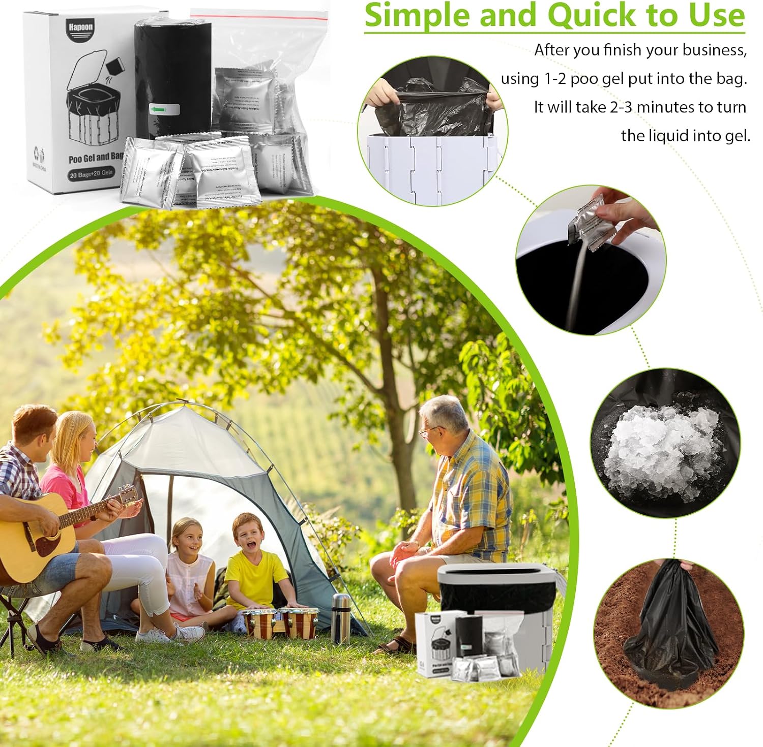 8 Gallon Compostable Portable Camping Toilet Bag with Poo Gel Set | 1.18 Mil Extra Thicken, Biodegradable Porta Potty