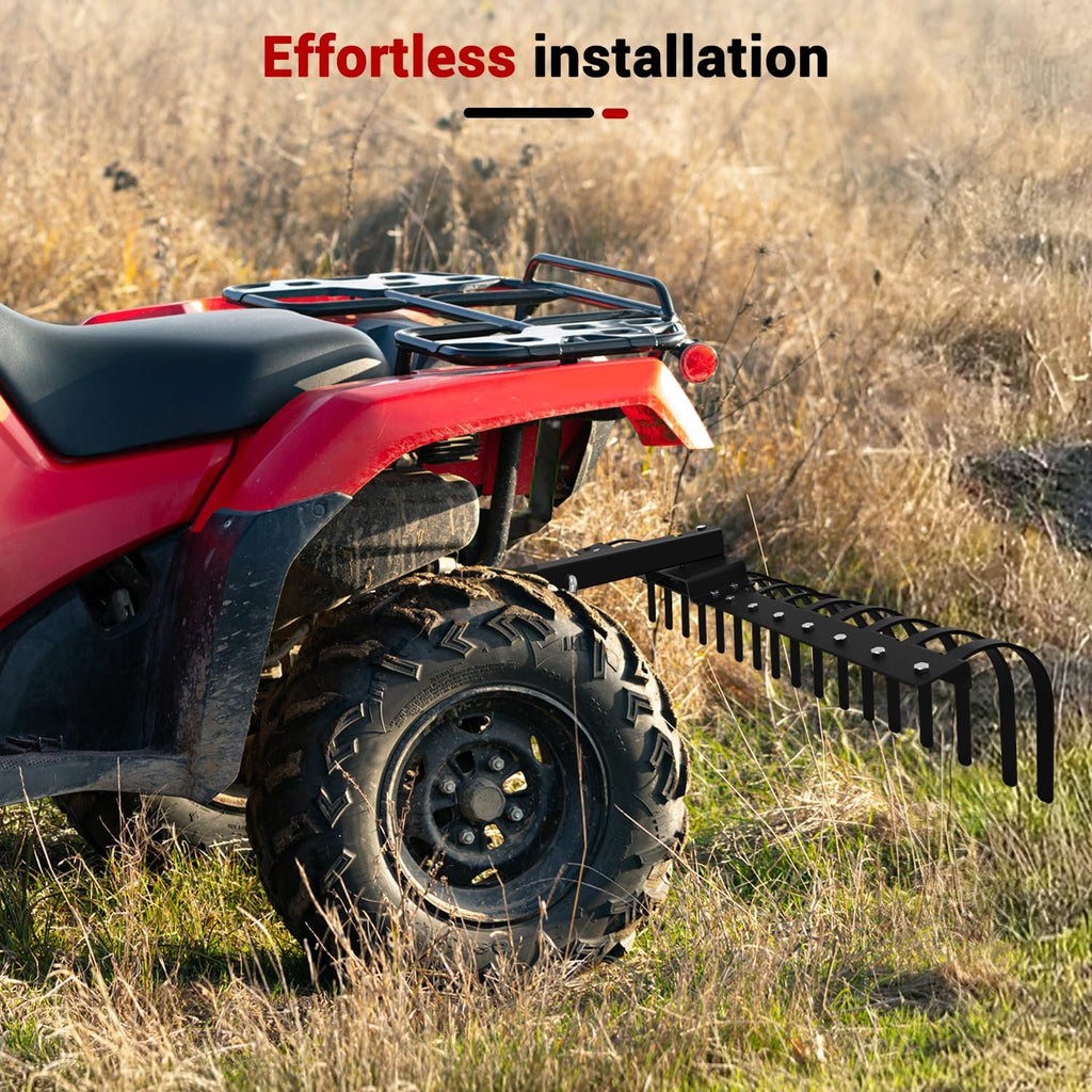 48 Inch Tow Behind Landscape Rake, Black Durable Tractor Rake with 2 Inch Receiver Fit for Lawn Tractor ATV UTV, All