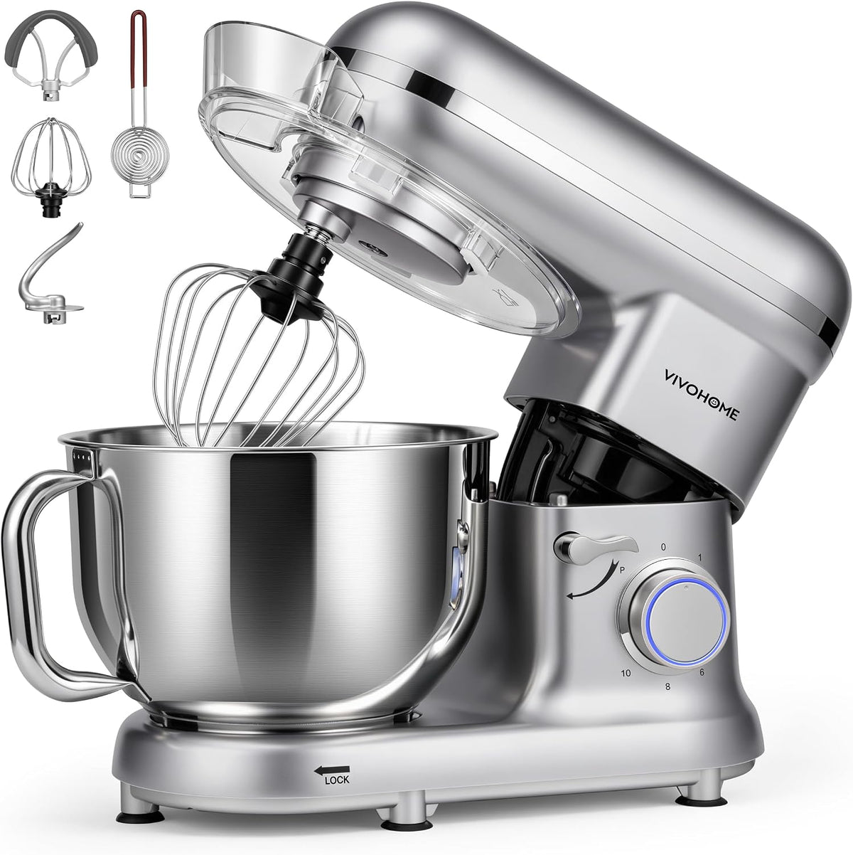 Stand Mixer, 6-Quart Tilt-Head Kitchen Mixer with Bowl, Silver